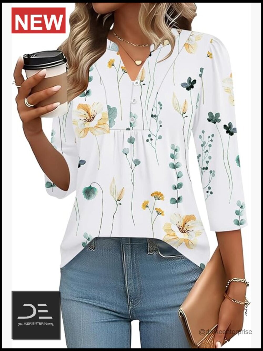 3/4 Sleeve Henley V-Neck Blouse Pleated Loose Fit Work Top